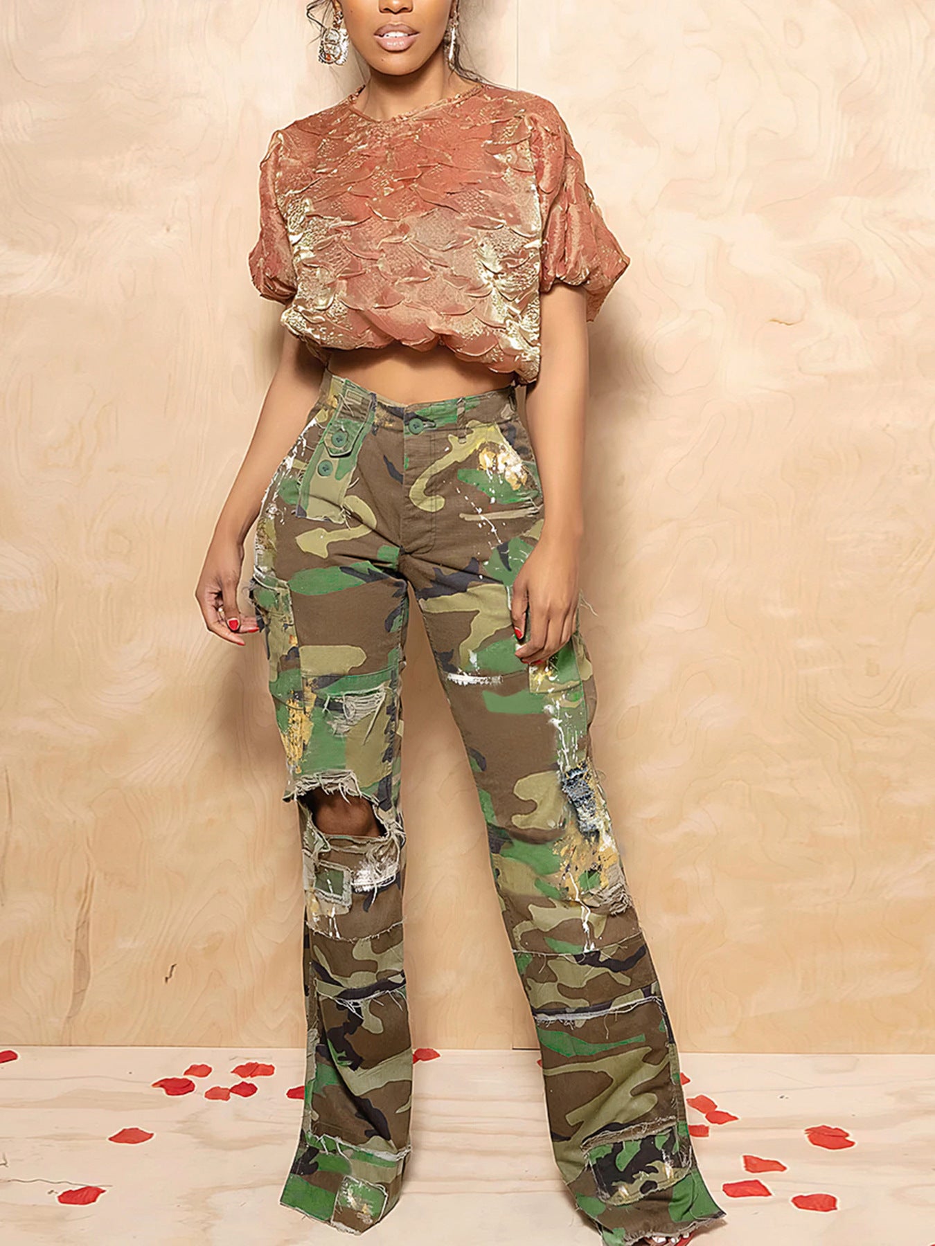 Women Casual Camouflage Print Pocket Cargo Pants 7