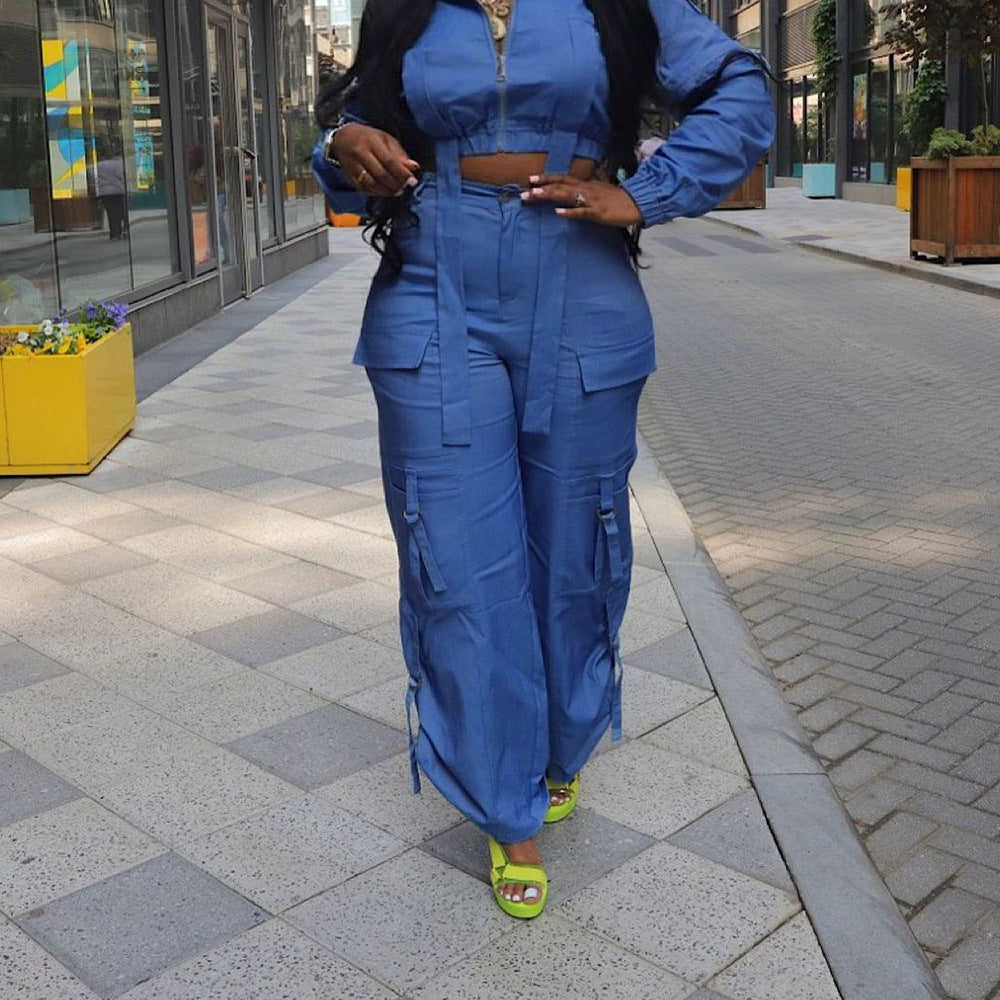 Women Summer Pockets Drawstring Loose Zipper Casual Pants