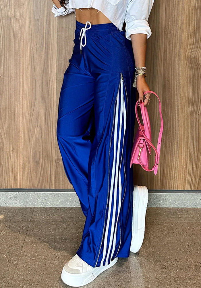 Women's Side Color Block Ribbon High Slit Zipper Wide Leg Sports Pants