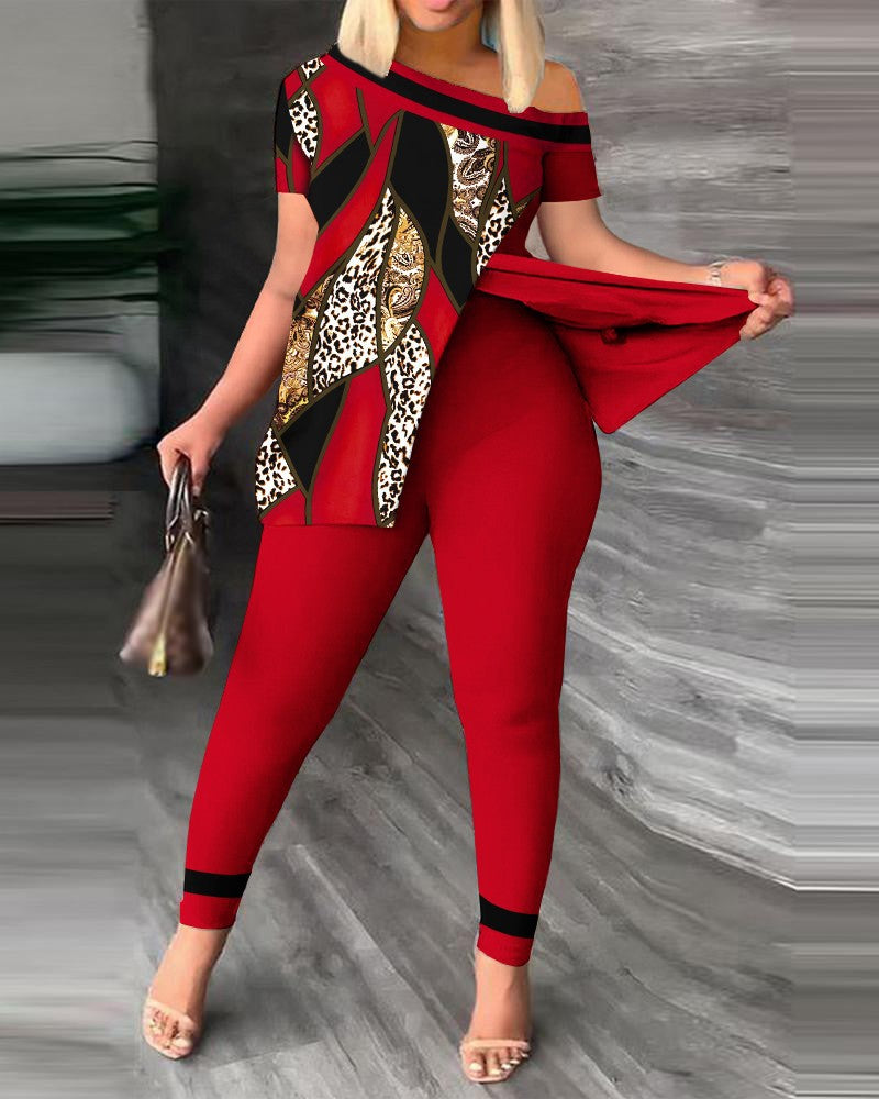 Women Summer Casual Slit Slash Shoulder Print Top and Pant Two-Piece Set 14