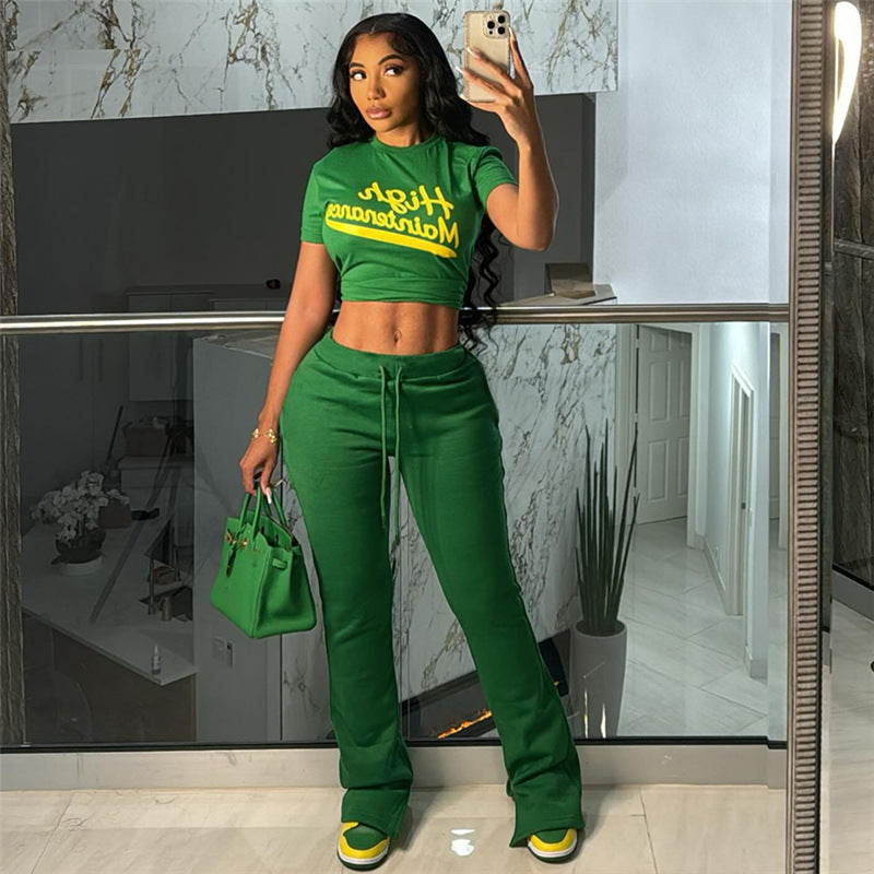 Women Summer Sexy Print Crop Short Sleeve Top and Pants Casual Two-piece Set