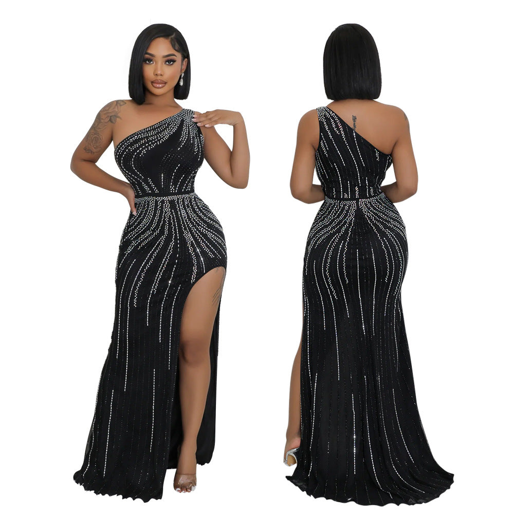 Women Sexy Slash Shoulder Beaded Slit Dress 8
