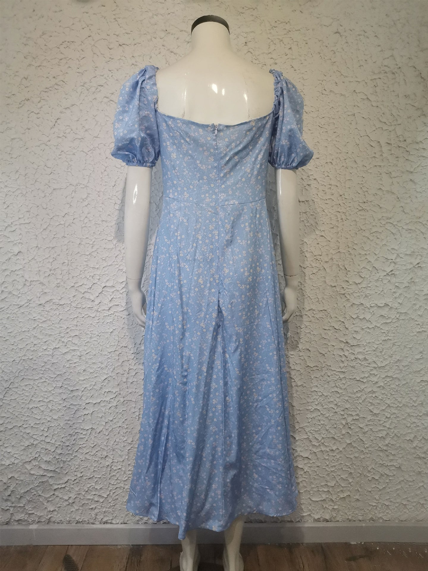 Women's summer fashion puff sleeve floral tie high slit long summer dress 15