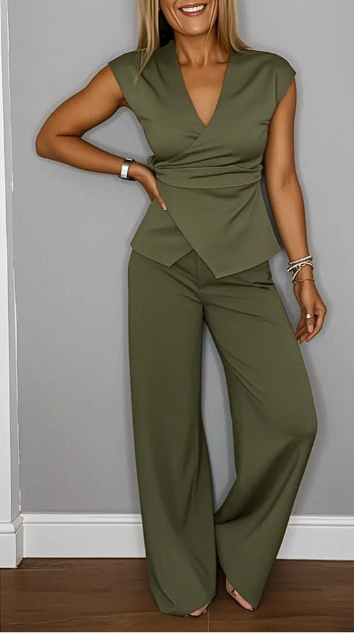 Women summer casual solid v-neck sleeveless top and pants two-piece set 13