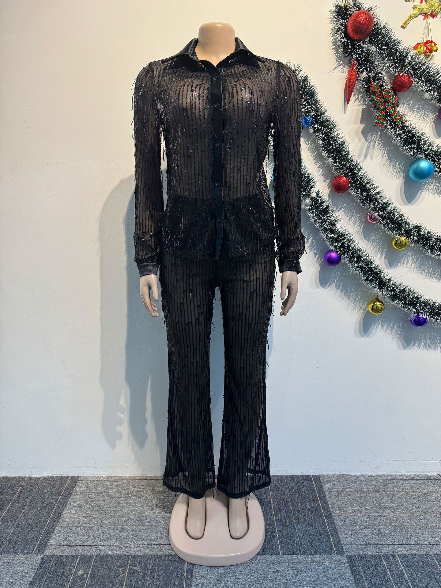 Women sexy fringed sequin See-Through long-sleeved shirt and pant two-piece set 11