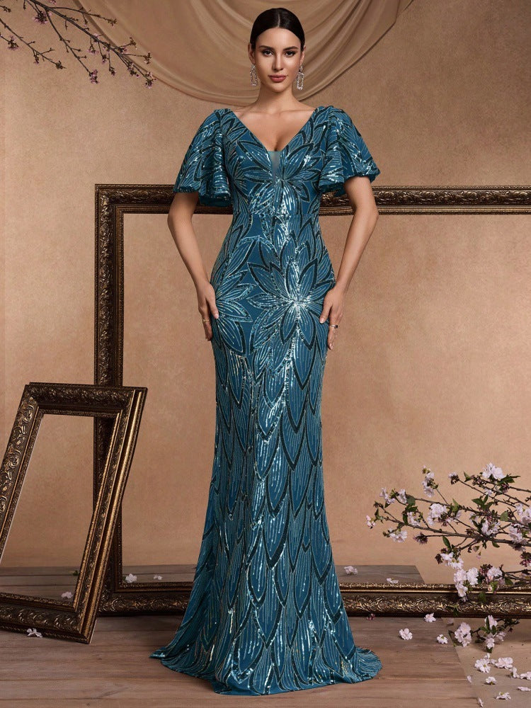 Women's Spring/Summer Luxury Elegant Short Sleeve Sequin Mermaid V-Neck Chic Formal Cocktail Evening Dress 5