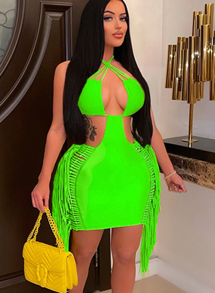 Women Summer Green Sexy Halter Sleeveless Solid Tassel Mini Club Dress 3