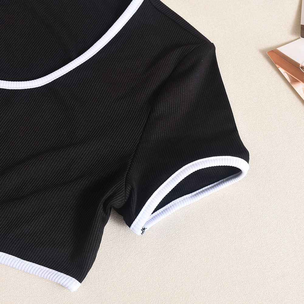 Women Summer Contrast Color Cut Out Round Neck Dress 12