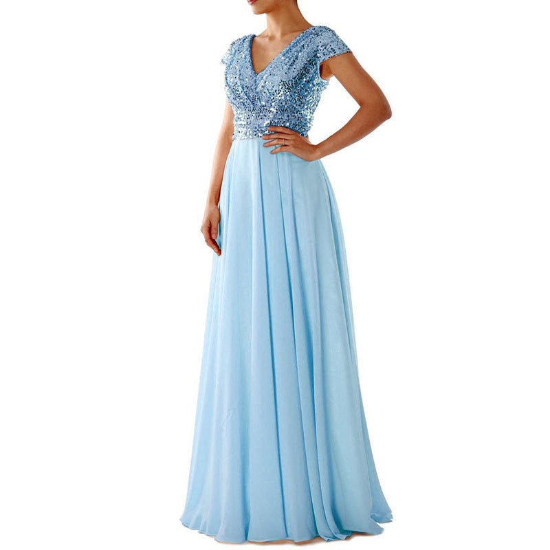 Women Summer V Neck Sequined Chiffon Patchwork Evening Dress 4