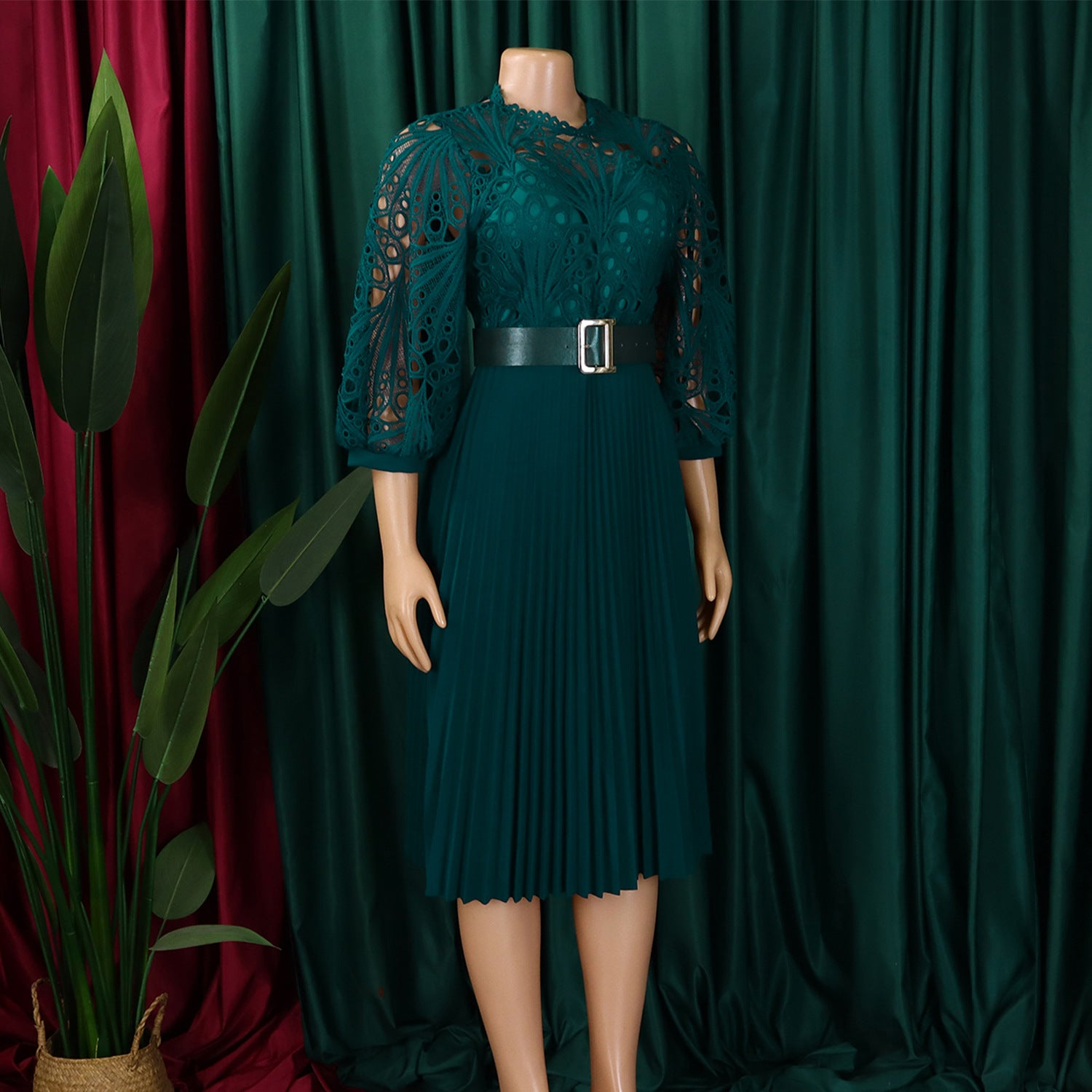 Women Solid lace hook flower hollow pleated dress 11