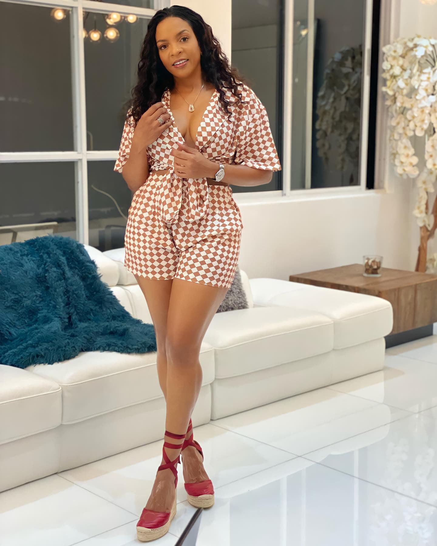 Women Casual Check Print Top and Shorts Two-Piece Set