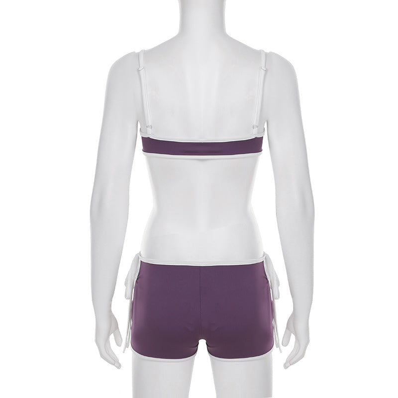 Women Contrast Sexy Open Waist Casual Suspender Top and Shorts Two-piece Set 6