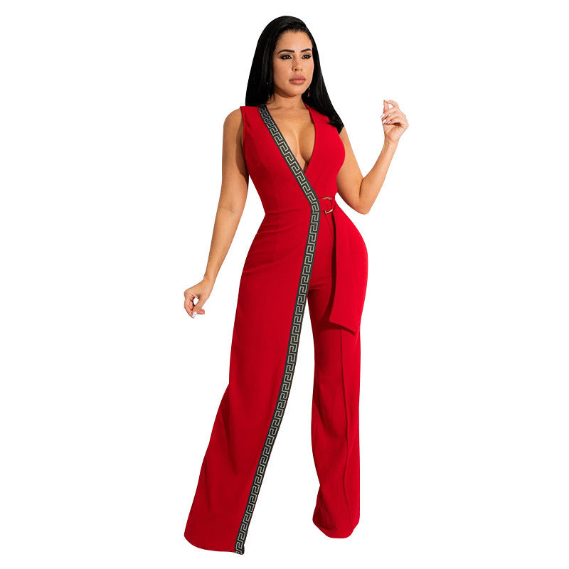 Spring Fashion Deep V Slim Jumpsuit With Belt