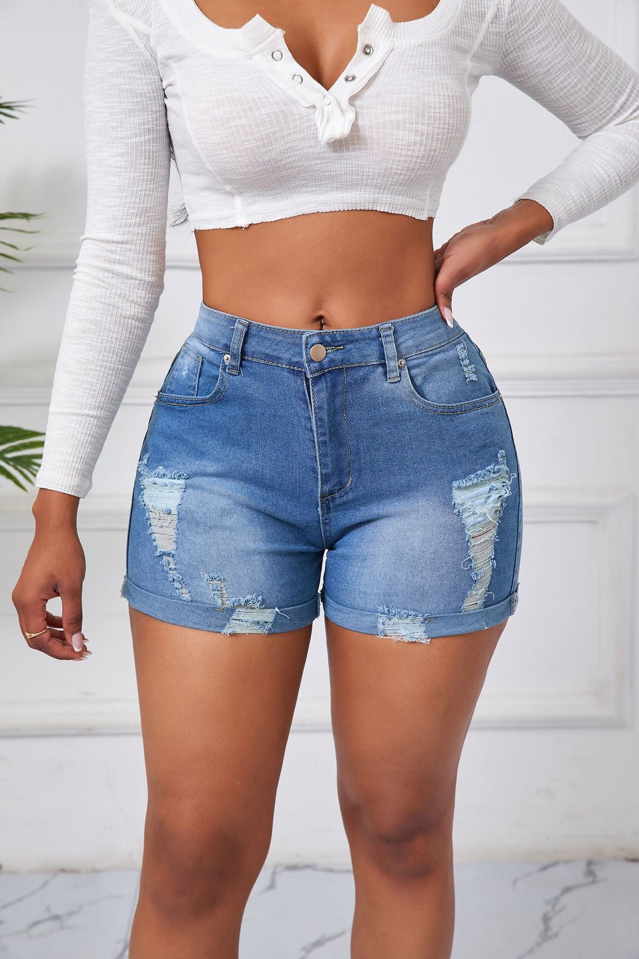 Plus Size Women Sexy Ripped Stretch Denim Shorts 5