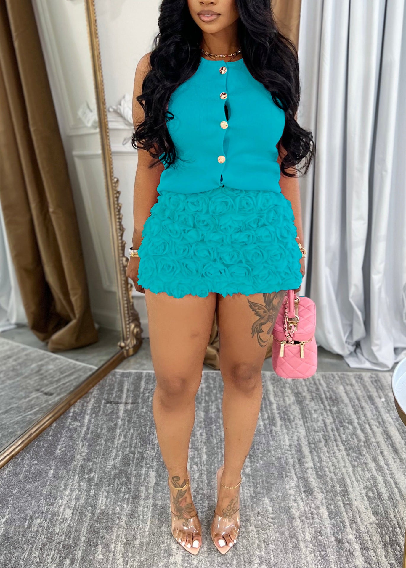 Women's Sleeveless Top Floral Bodycon Skirt Set 6