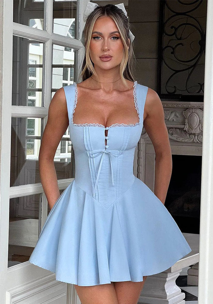 Lace Patchwork Strap Slim Low Back Puffy A-line Mini Dress