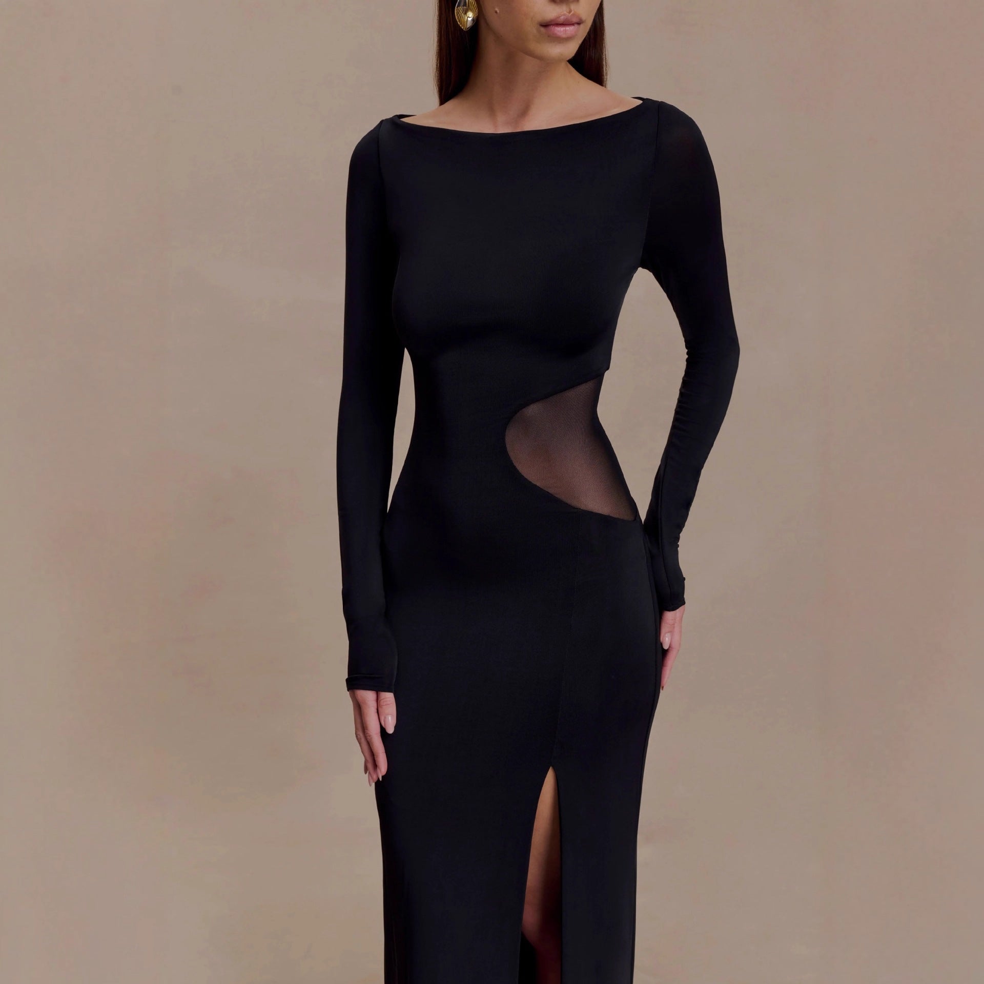 Women's Long Sleeve Cut-Out See Through Slit Long Dress 4