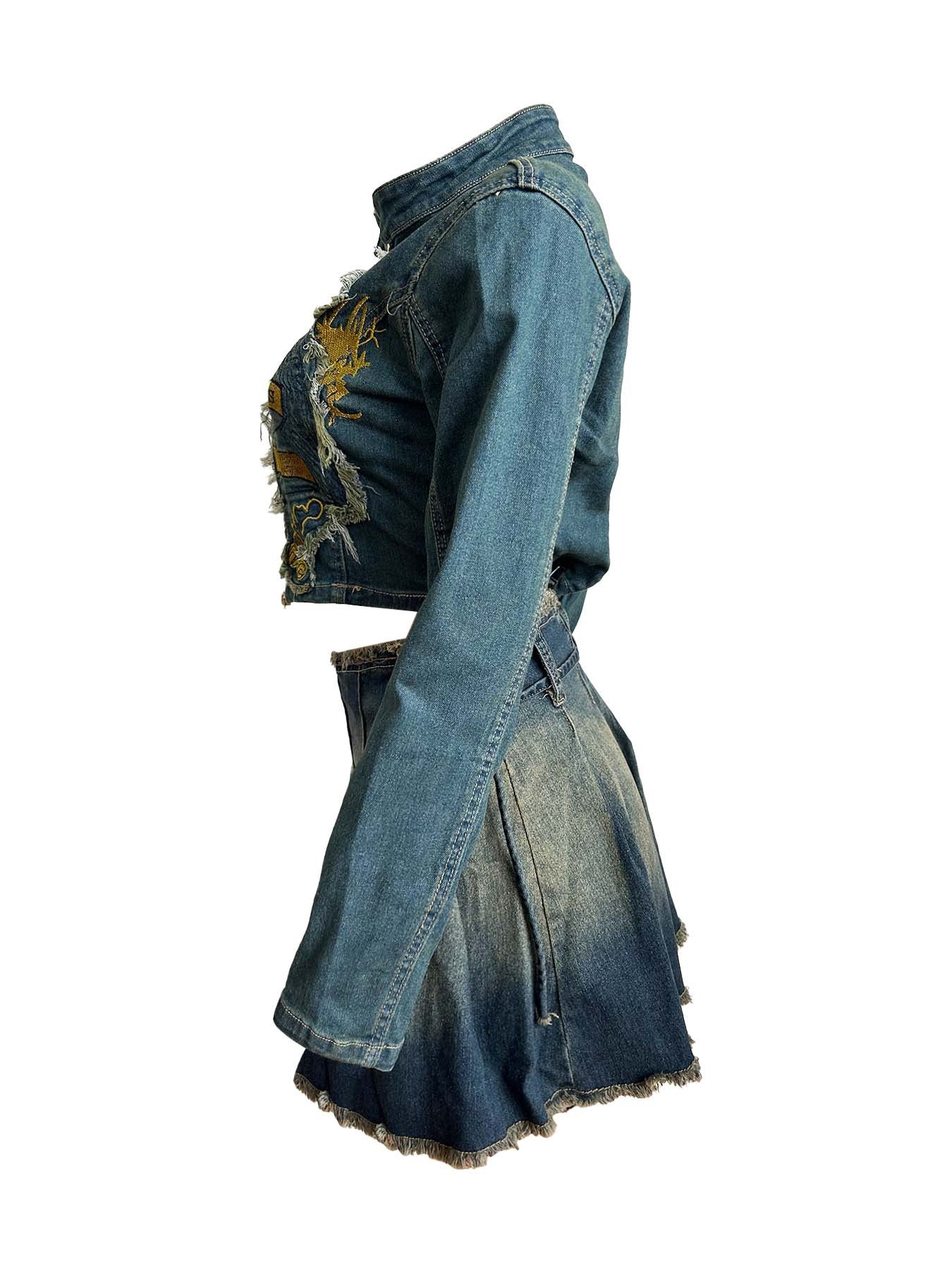 Women 's Embroidered Denim Top Pleated Skirt Two Piece Set 13