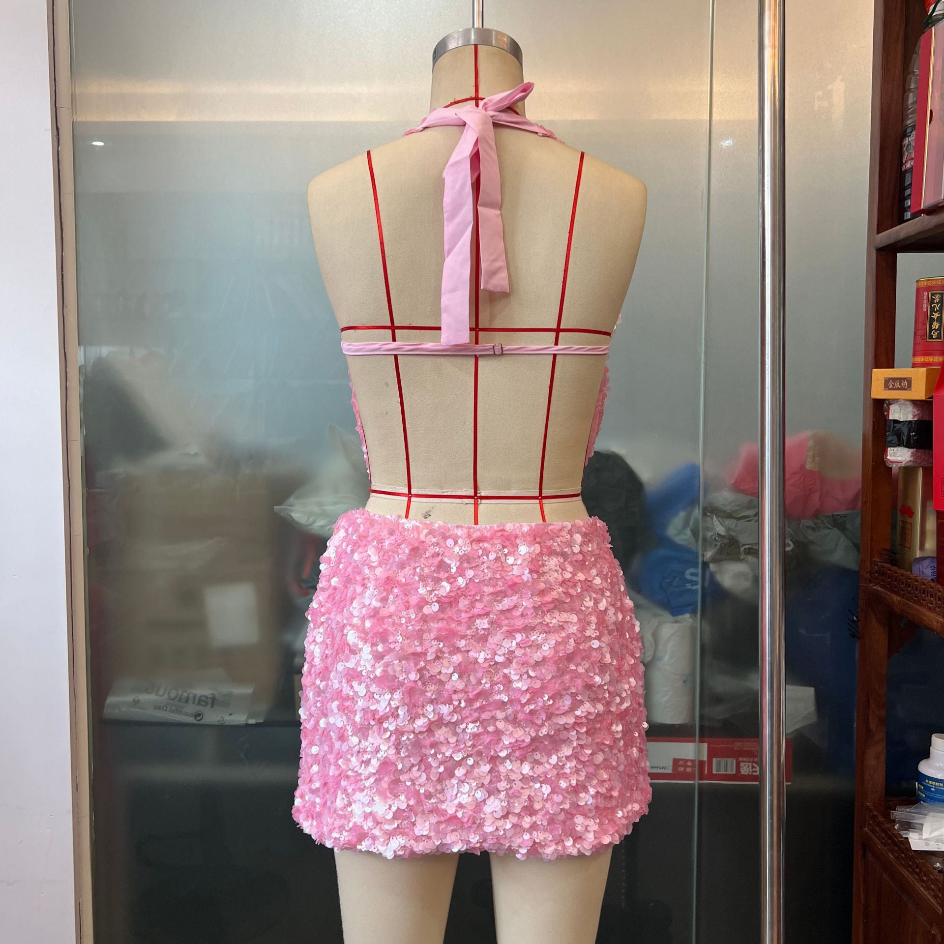 Sequin Low Back Tie Halter Neck Fitted Bodycon Skirt Set 6