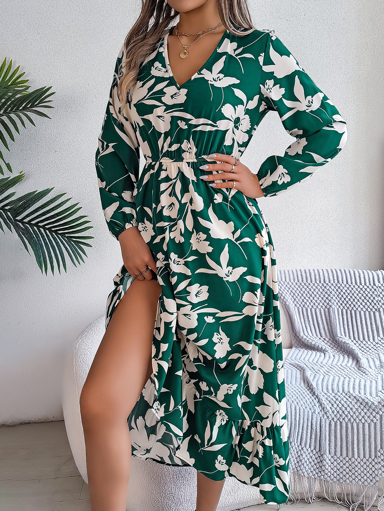 Autumn Winter Casual Flower Slim Waist Long Sleeve Women's Ruffle Midi Dress 3