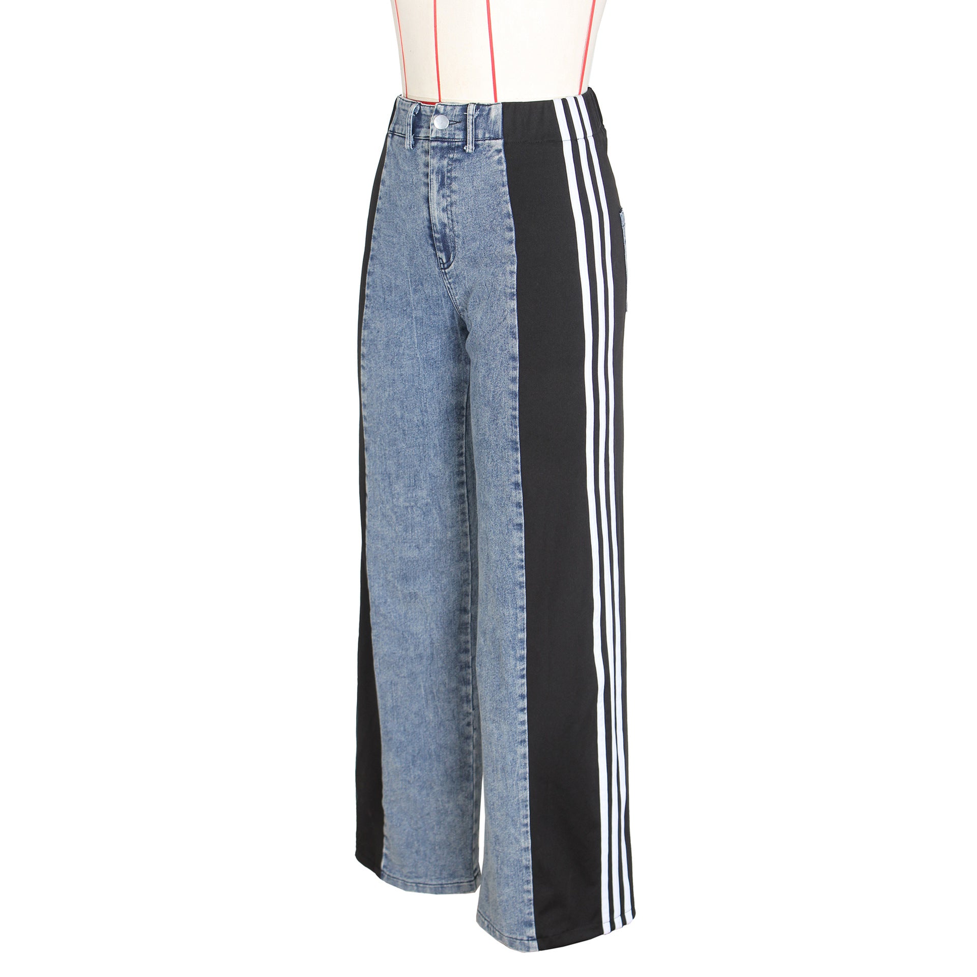 Summer Fashion Patchwork Three Stripes Wide Leg Denim Pants Women's Casual High Waist Stretch Straight Jeans 21