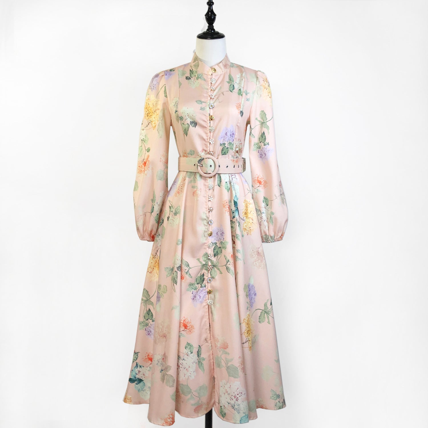 Elegant Print Row Jewelry Button Floral Lantern Sleeve Midi Dress with Belt 4