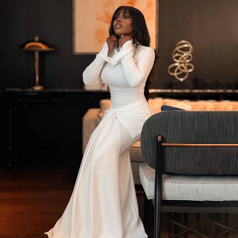 Women Solid Bell Bottom Long Sleeve Lace-Up Bodycon Dress 5