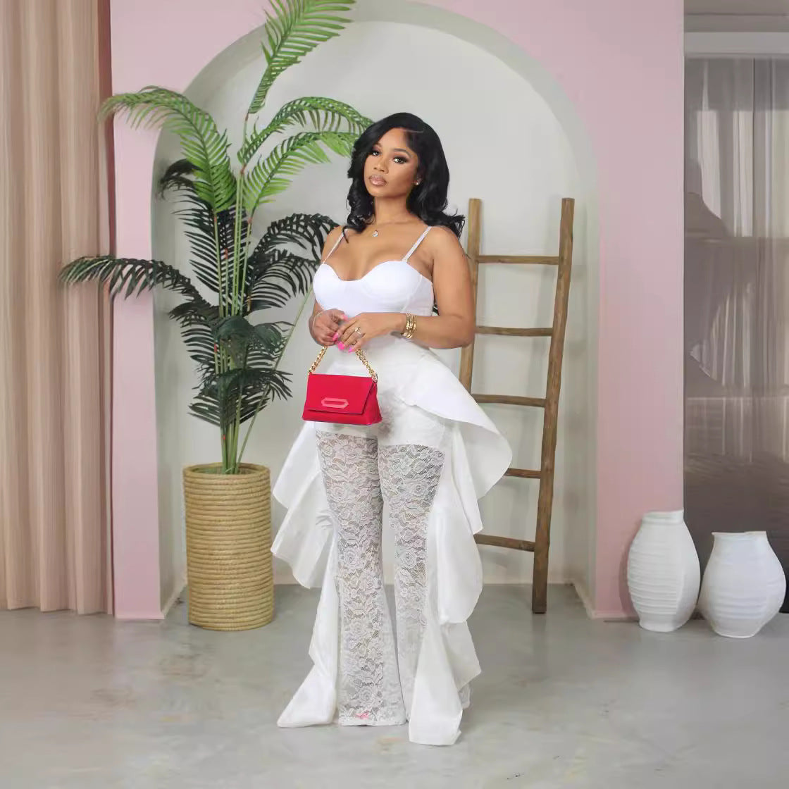 Women Lace Pants Ruffled Sexy See-Through Pants 4