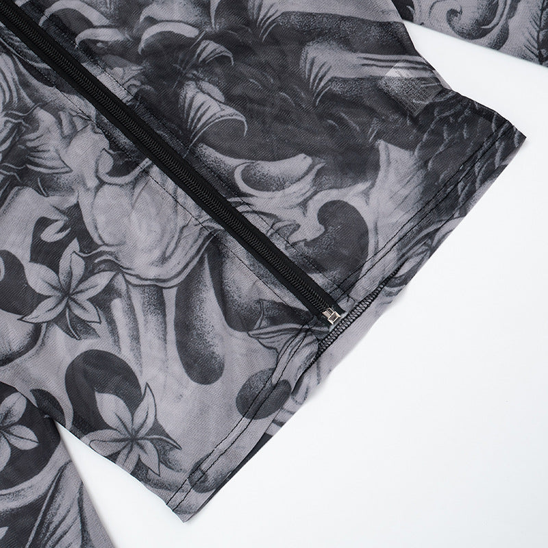 Women's Summer Autumn Zipper Round Neck See-Through Print Long Sleeve Two Piece Shorts Set 24