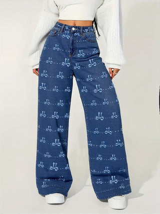 Women Stretch Butterfly Print Denim Wide-Leg Pants 6