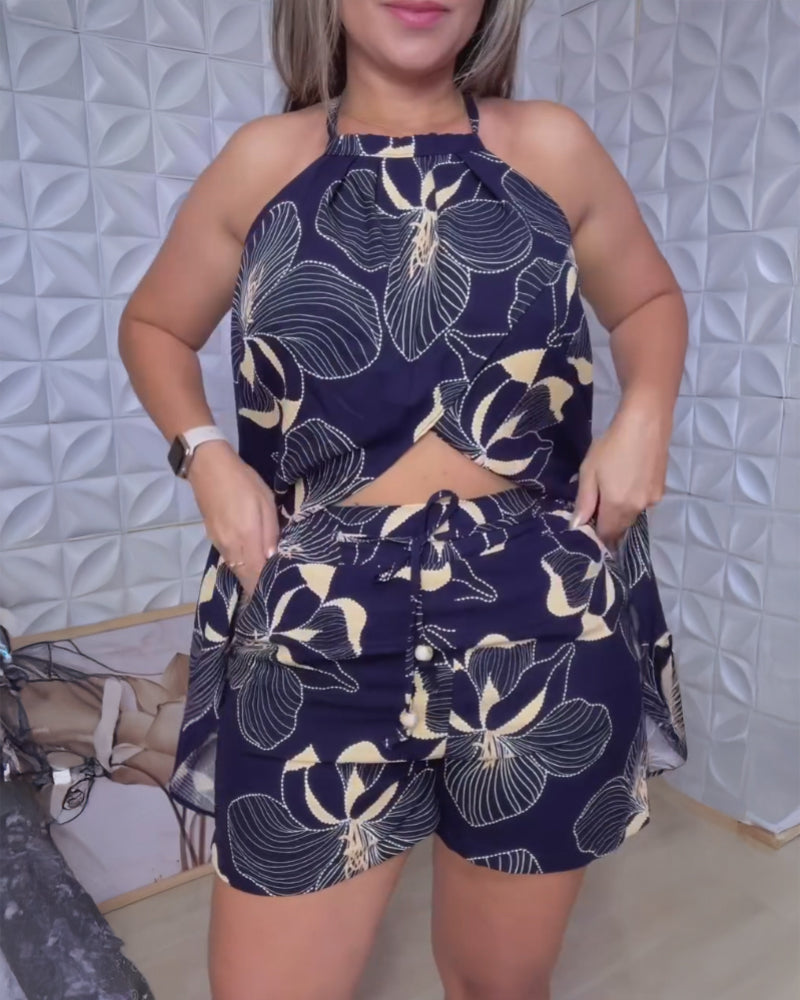 Women's Floral Print Halter Neck Slit Top + Elastic Waist Shorts Set 3