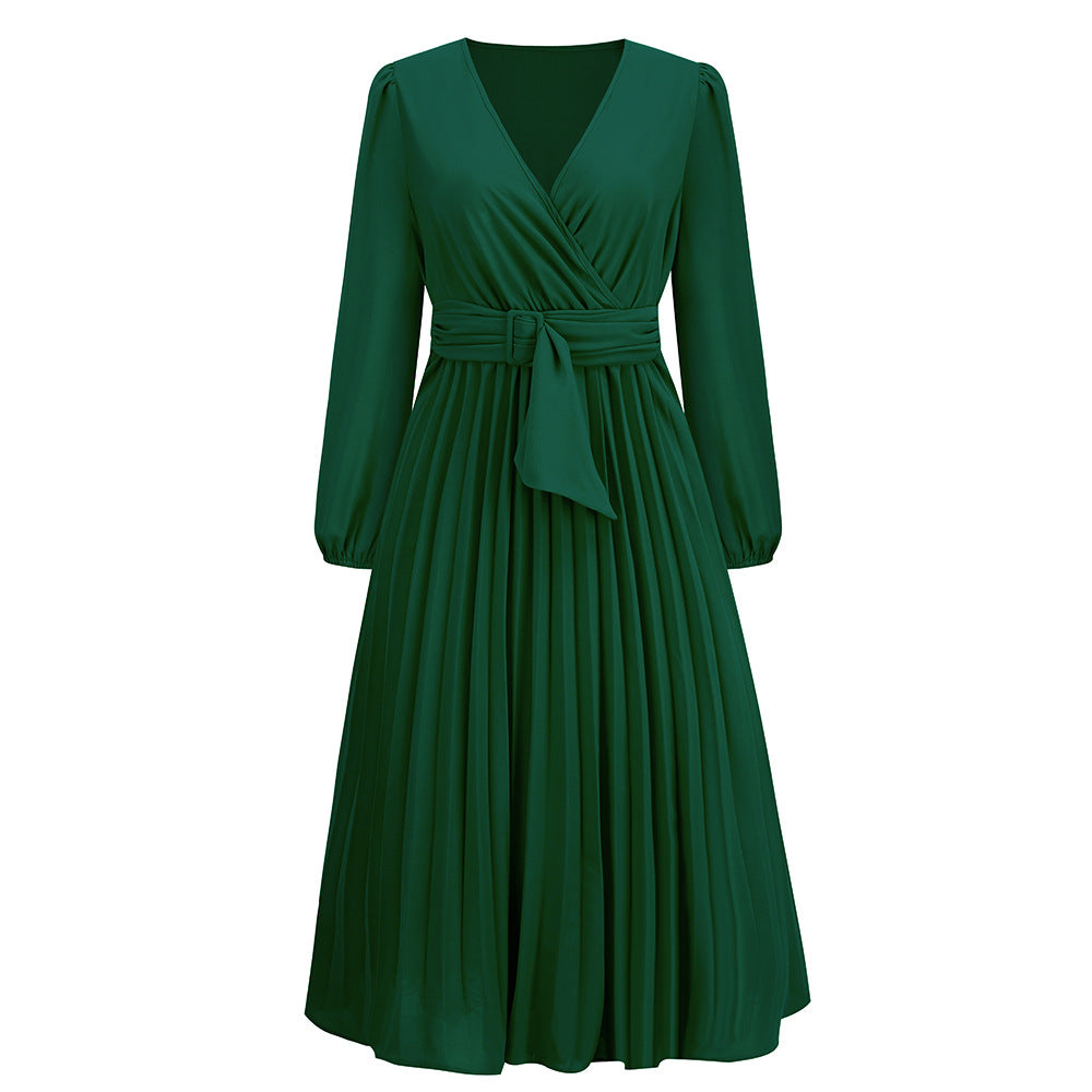 Women Long-Sleeved Pleated Belt V-Neck Dress 11