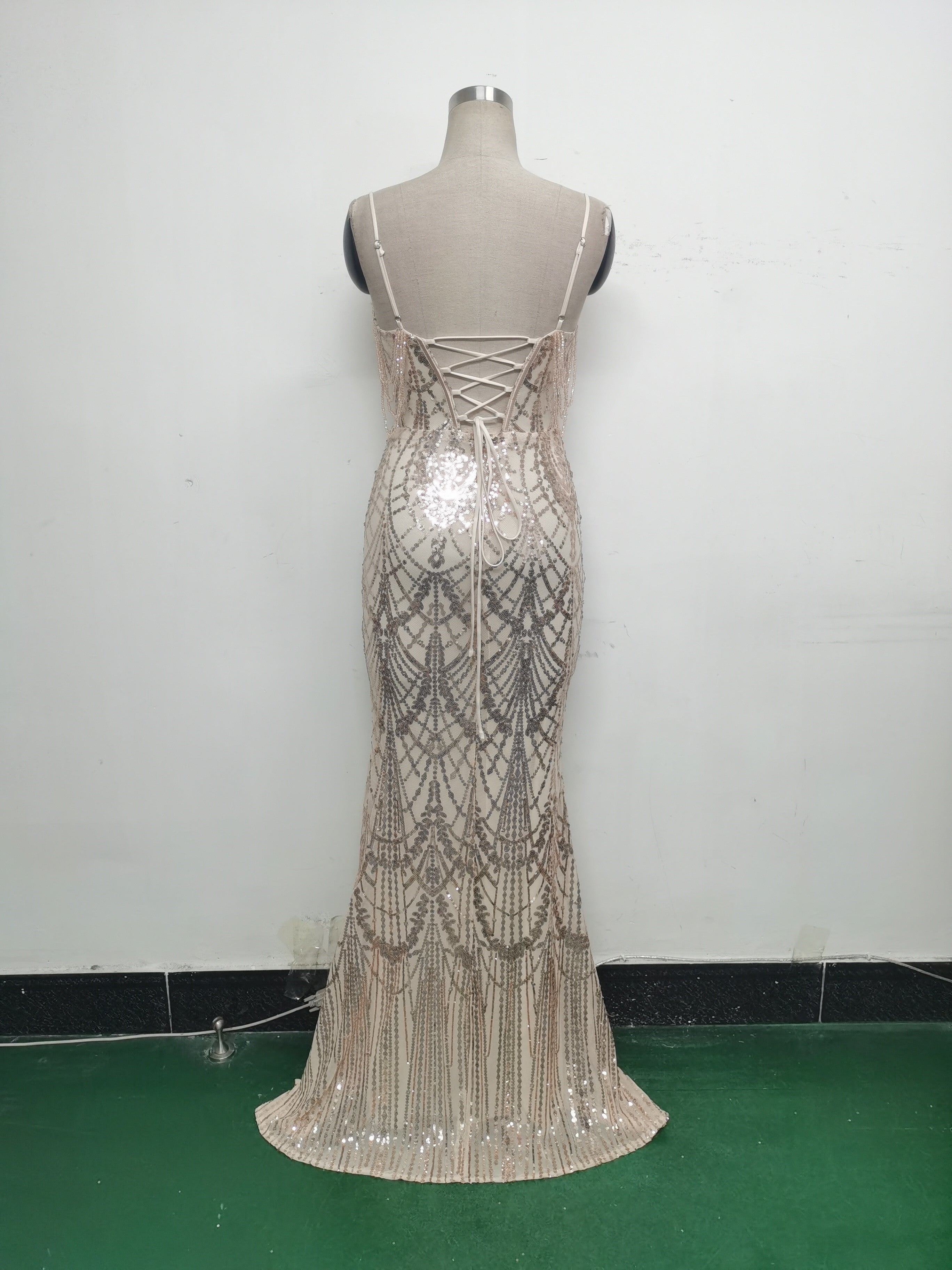 Women beaded sequin fishbone Lace-Up See-Through evening dress 44