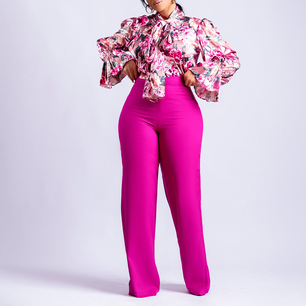 Plus Size Casual Women Printed Long Sleeve Shirt And Wide Leg Pants Two Piece