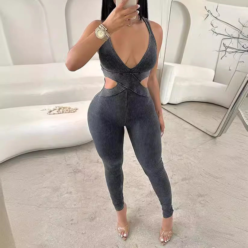 Fashion Solid Color V-Neck Strap Hollow Slim Tight Jumpsuit 5