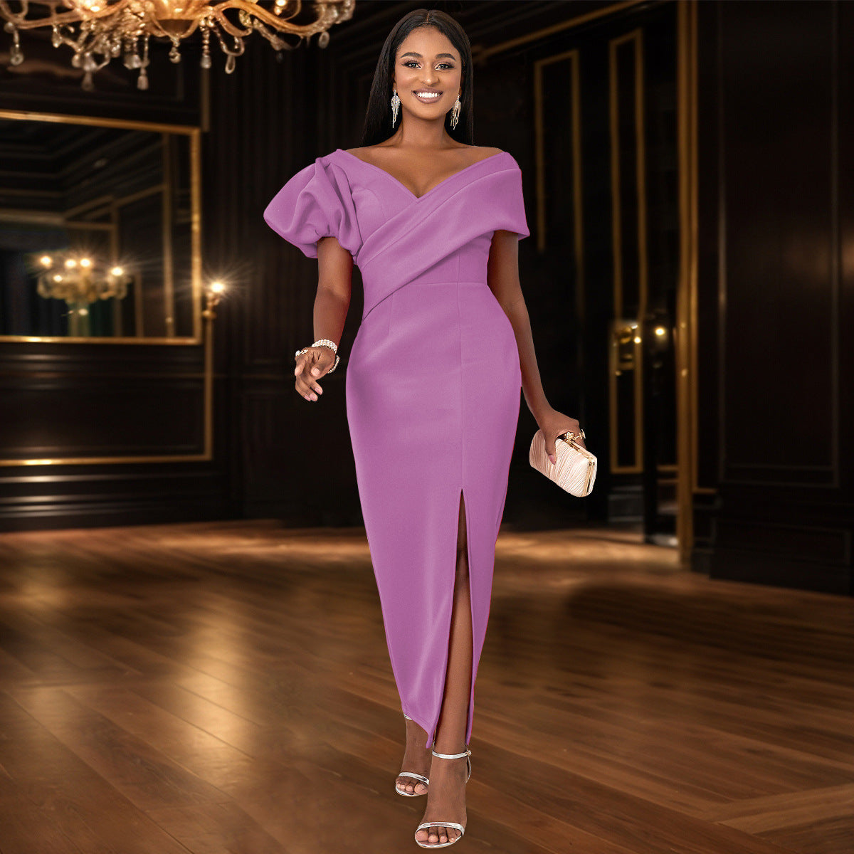 Lantern Sleeve V-Neck Dress Formal Black Party Gown