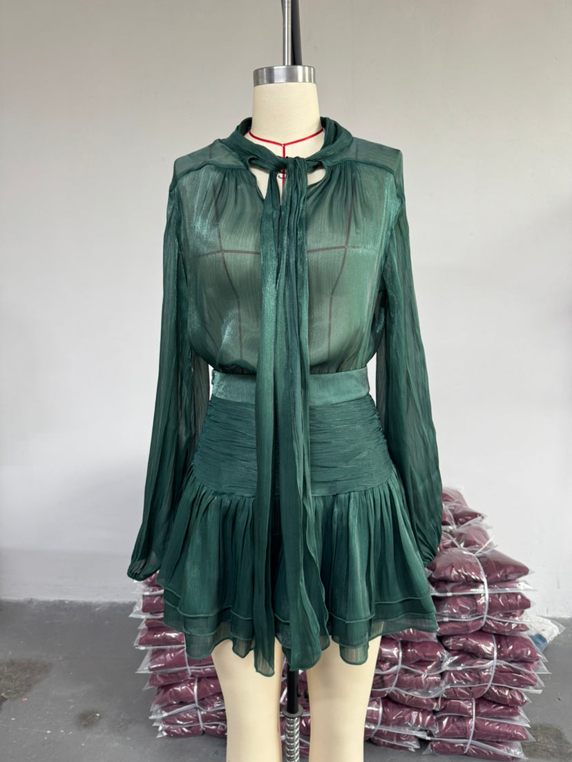 Women Bow Tie Top and Pleated Skirt Casual Two Piece Set 15