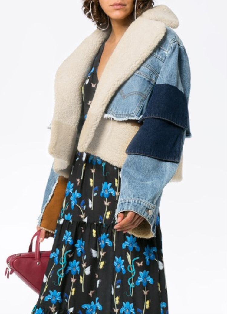 Winter Casual Blue Turndown Collar Fleece Patch Denim Jacket 3