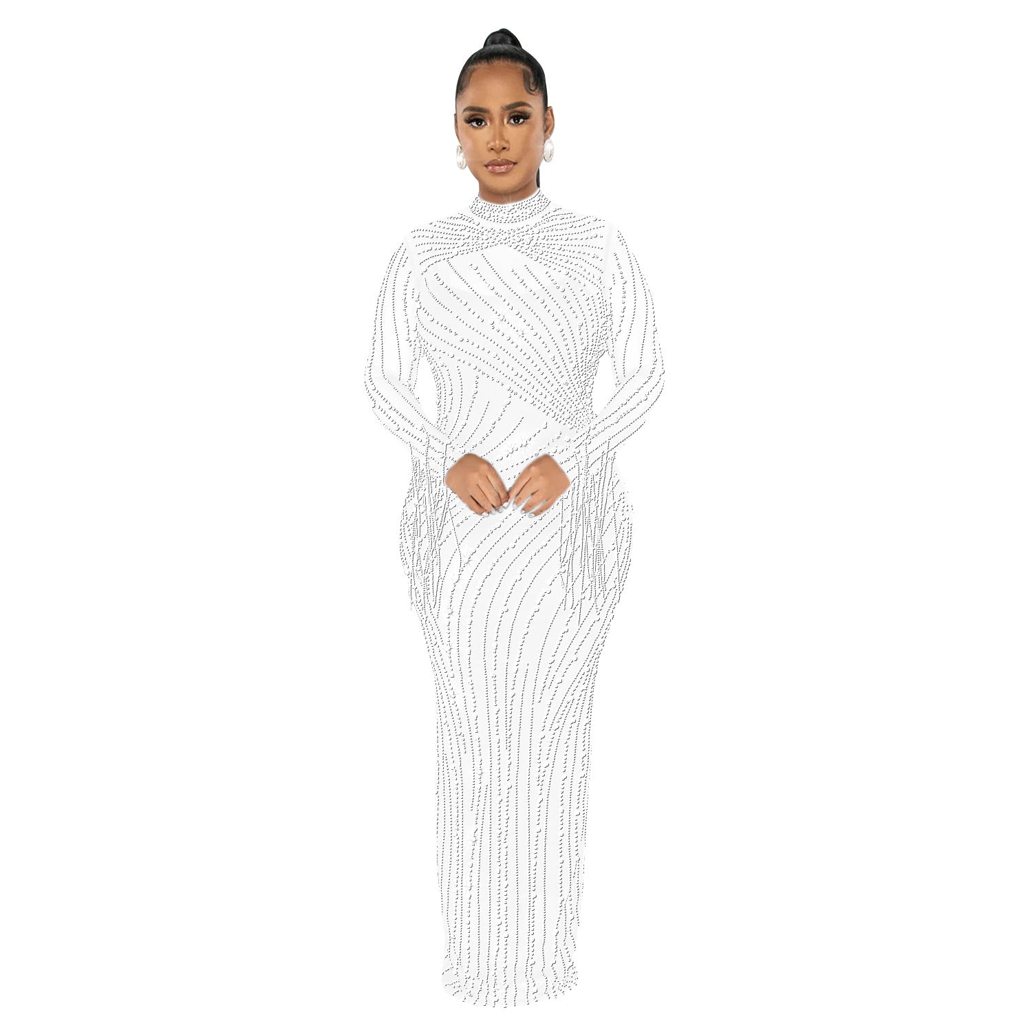 Women Mesh See-Through Beaded Long Sleeve Maxi Dress Set 12