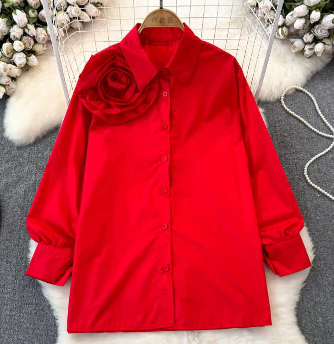 Women spring and autumn floral long-sleeved Turndown Collar Solid Casual Top 5