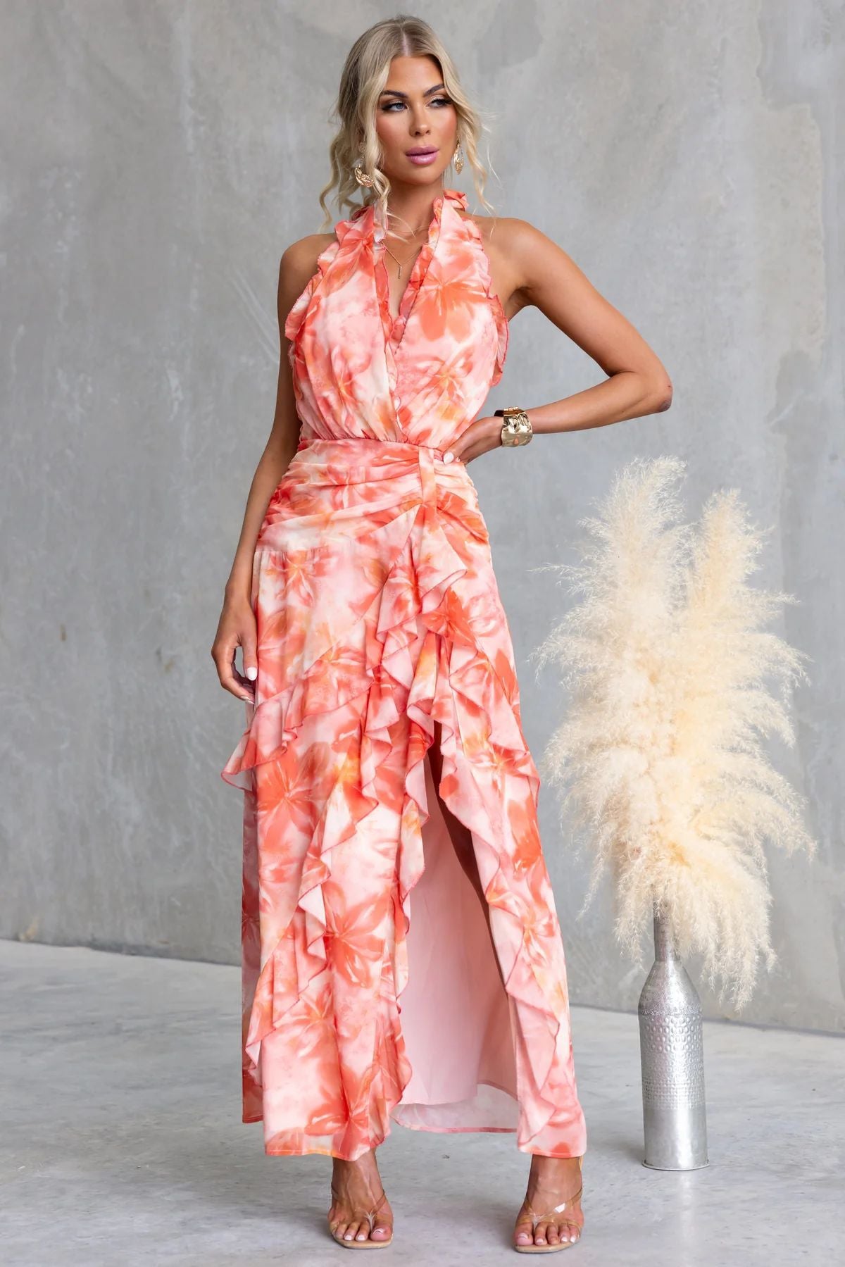 Women Printed Sexy V-Neck Backless Halter Neck Patchwork Ruffle Edge Dress 10