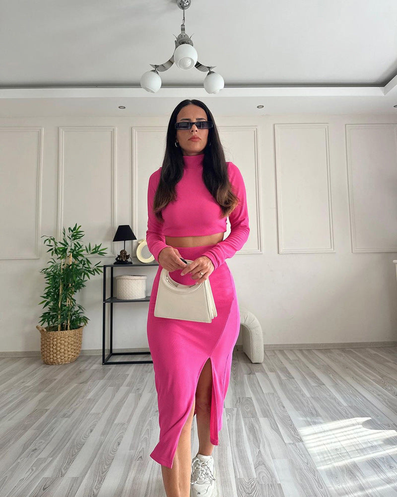 Spring And Autumn Solid Color Ribbed Round Neck Long-Sleeved Women's Two-Piece Fashionable Slit Maxi Skirt Set 4
