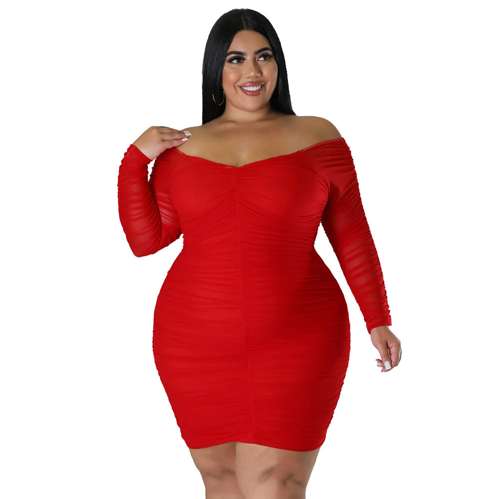 Plus Size Women Fall Off Shoulder Long Sleeve Bodycon Dress 6