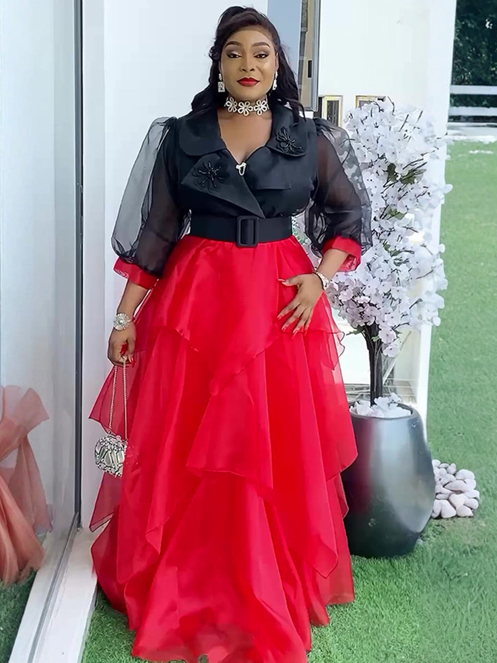 African Plus Size Women's Elegant Color Block Long Dress 5