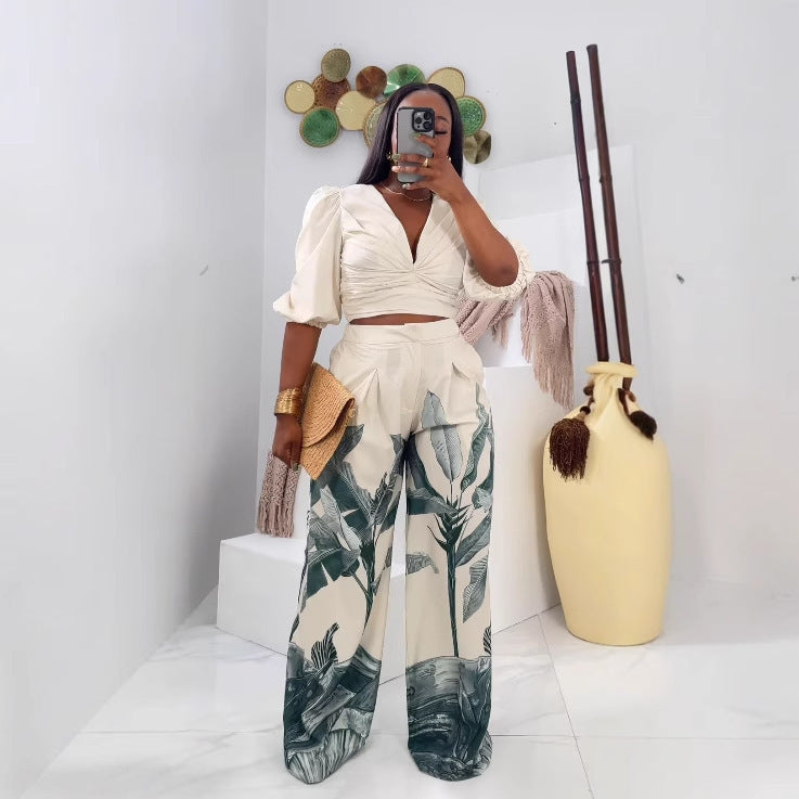 V-Neck Lantern Sleeve Top Printed Wide-Leg Pants Suit