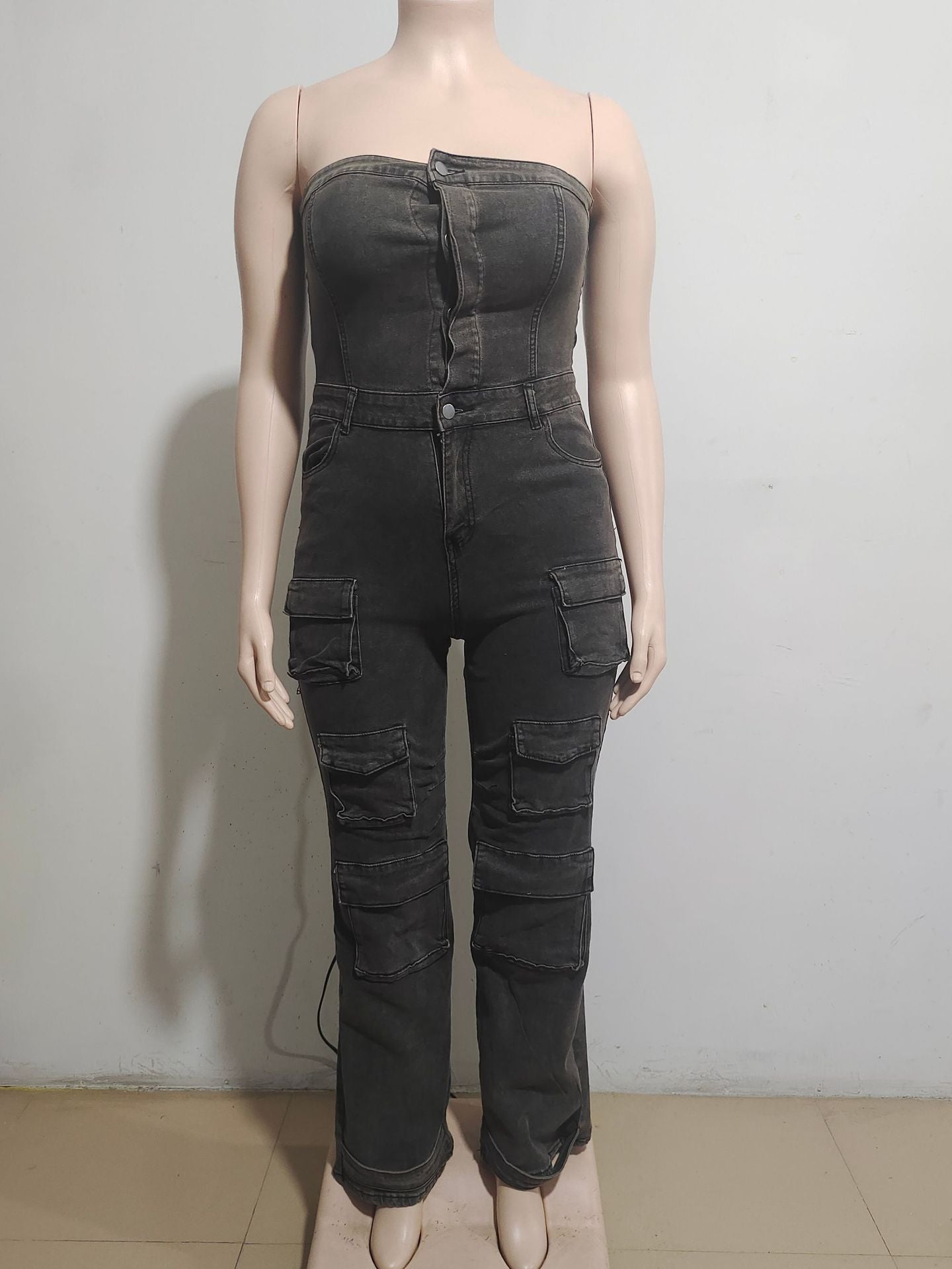 Women Strapless Cargo Denim Jumpsuit