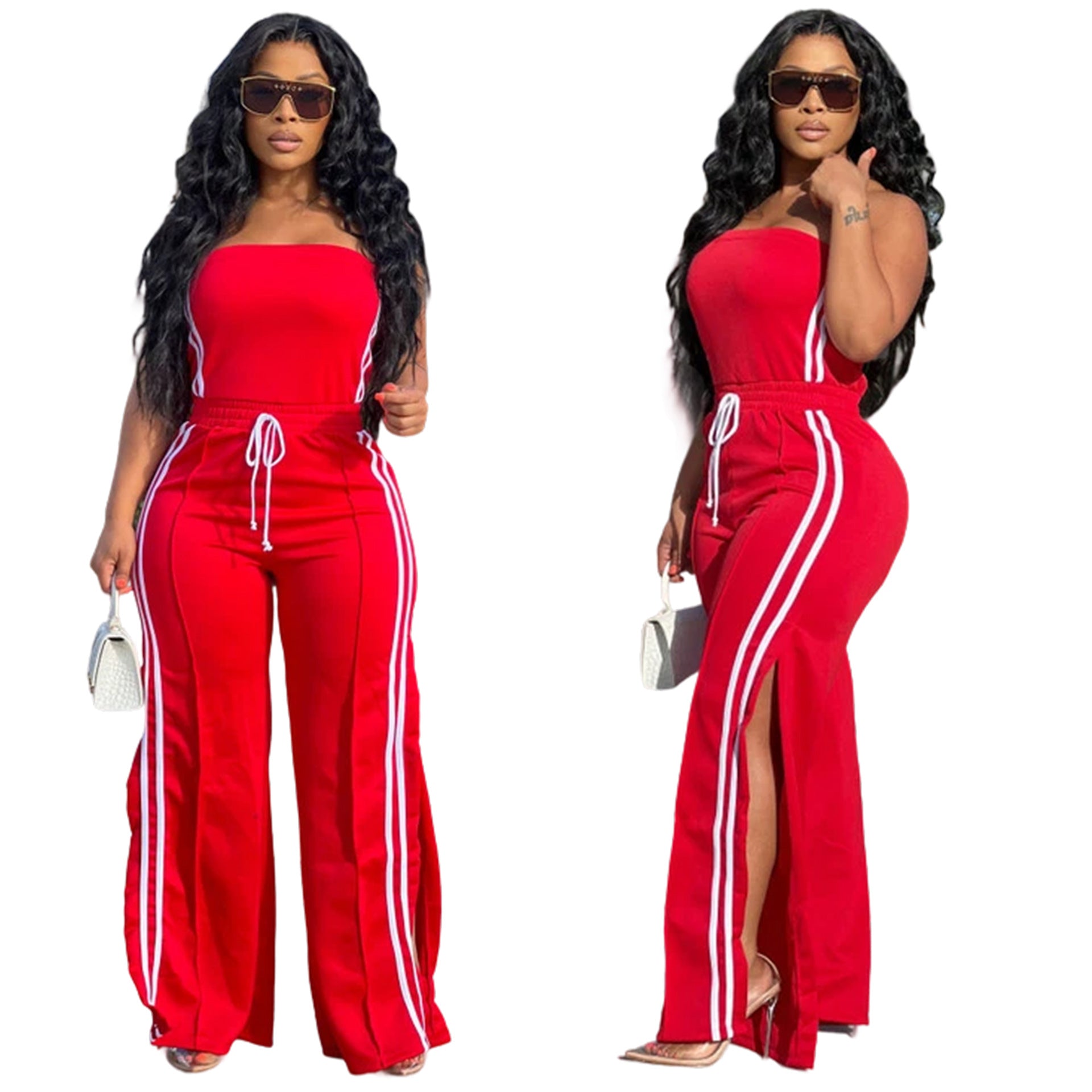 Fashion Women Strapless Tops Loose Pants Casual Two-piece Set
