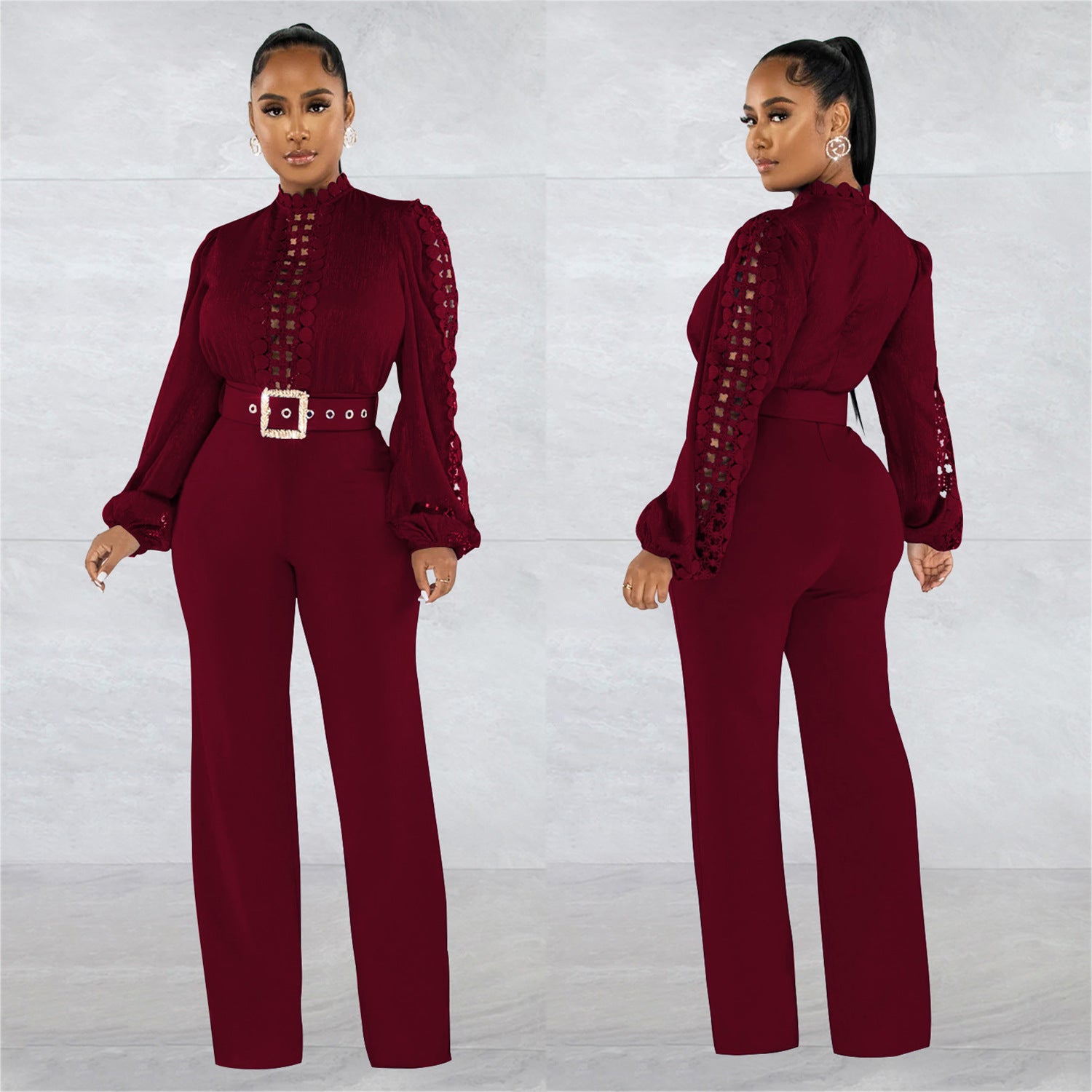 Women Belt Lace Cutout Solid Long Sleeve Jumpsuit 4