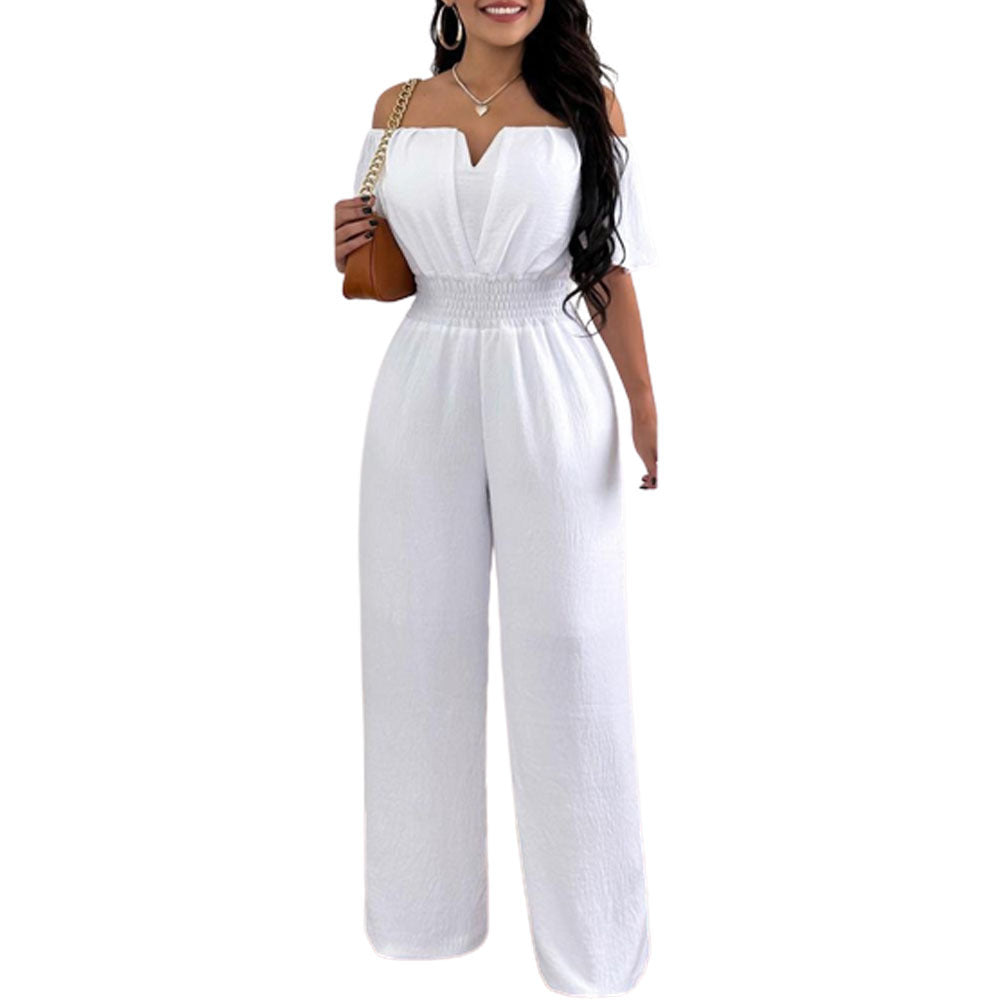 Women Off Shoulder V Neck Loose Straight Jumpsuit 13