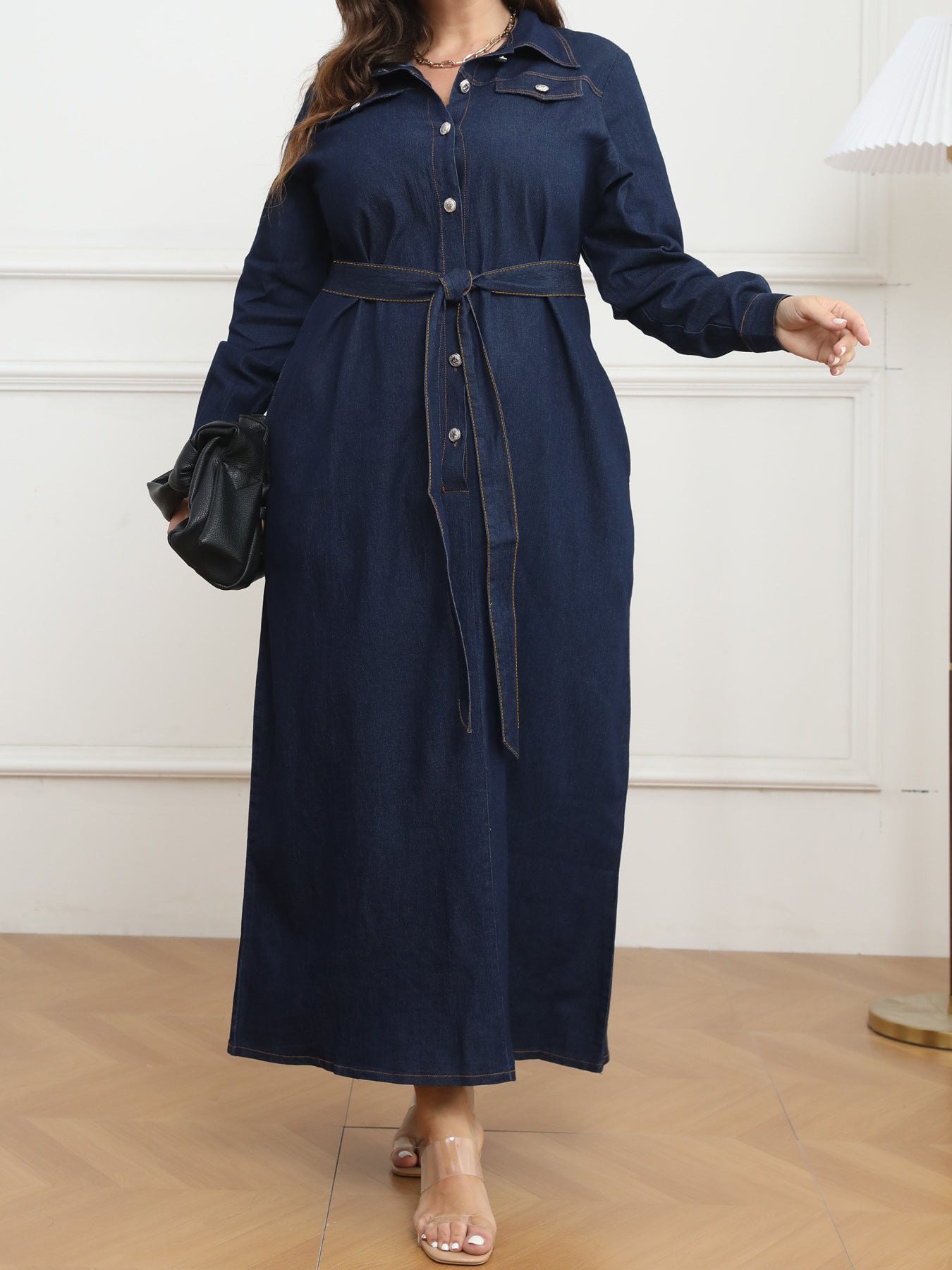 Plus Size Winter Women's Turndown Collar Washed Denim Casual Shirt Dress 4